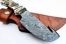 Load image into Gallery viewer, 9' Handmade Damascus Skinner Knife with Stag Bone Handle and Gut Hook Blade