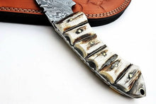 Load image into Gallery viewer, 9' Handmade Damascus Skinner Knife with Stag Bone Handle and Gut Hook Blade