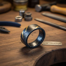 Load image into Gallery viewer, Mens Damascus Steel Wedding Band Wide Ring with Gold Inlay