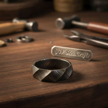 Load image into Gallery viewer, Mens Damascus Steel Faceted Wedding Band Handmade Geometric Ring