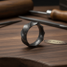 Load image into Gallery viewer, Mens Damascus Steel Faceted Wedding Band Handmade Geometric Ring