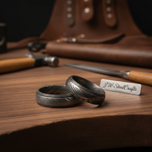 Load image into Gallery viewer, Damascus Steel Wedding Ring Set for Couples Black Pattern Wedding Bands