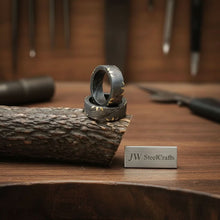Load image into Gallery viewer, Mens Damascus Steel Wedding Band Brass Sunburst Inlay Handmade Ring