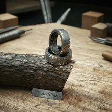 Load image into Gallery viewer, Mens Damascus Steel Wedding Band Brass Sunburst Inlay Handmade Ring