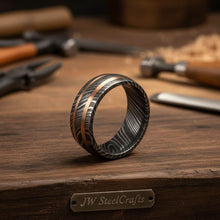 Load image into Gallery viewer, Mens Damascus Steel Wedding Band with Dual Copper Inlay Ring