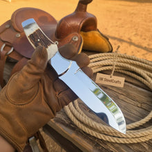 Load image into Gallery viewer, Drop Point Bushcraft Knife 10” – Polished Steel Blade with Natural Stag Handle