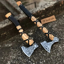 Load image into Gallery viewer, Fenrir Wolf Viking Axe Pair with Acid Etched Bearded Heads