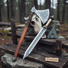 Load image into Gallery viewer, Custom Handmade Stainless Steel  Double Handed Viking axe set with Handmade Gladius piece
