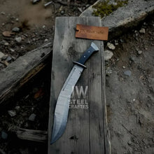 Load image into Gallery viewer, Handmade Kukri Bowie Knife Damascus Steel Recurve Blade Full Tang with Leather Sheath – JW SteelCrafts