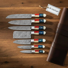 Load image into Gallery viewer, Custom Pattern-Welded Damascus Kitchen Knife Set (7 Pieces) — Texas Flag Handles, Pakka Wood &amp; Camel Bone, Full Tang, Steel Bolsters