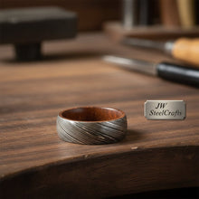 Load image into Gallery viewer, Mens Damascus Steel Wedding Band With Wood Liner Handmade Ring