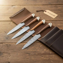 Load image into Gallery viewer, 5-Piece Damascus Cutlery Set with 9 inch Blades, Rosewood Handles, Leather Roll