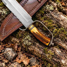 Load image into Gallery viewer, Custom D-Guard D2 Bowie Knife with Stag Antler Handle and Leather Sheath