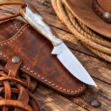 Load image into Gallery viewer, Handmade D2 Cowboy Belt Knife with Epoxy Resin Handle &amp; Western Leather Sheath