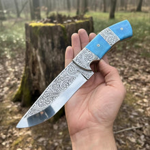 Load image into Gallery viewer, Hand Engraved D2 Hunting Knife Tinted Camel Bone Handle