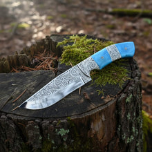 Load image into Gallery viewer, Hand Engraved D2 Hunting Knife Tinted Camel Bone Handle