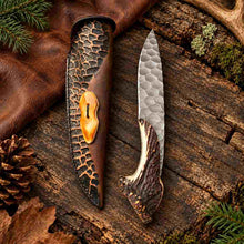 Load image into Gallery viewer, Handmade Hammered D2 Hunting Knife with Stag Antler Handle and Leather Sheath