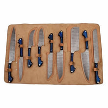 Load image into Gallery viewer, 9-Piece Damascus Kitchen Knife Set with Leather Roll, Chef, Santoku, Nakiri, Bread, Utility, Boning and Paring Knives, Blue Handle Full Tang, JW SteelCrafts