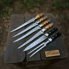 Load image into Gallery viewer, Handmade Damascus Boning &amp; Fillet Knife Set with Black and Orange Resin Handles