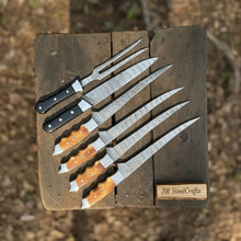 Load image into Gallery viewer, Handmade Damascus Boning &amp; Fillet Knife Set with Black and Orange Resin Handles