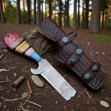 Load image into Gallery viewer, Damascus Bull Cutter Knife Cowboy Fixed Blade