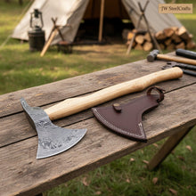 Load image into Gallery viewer, Damascus Camping Axe with 22 Inch Ash Handle – Hand Forged Bushcraft Axe with Leather Sheath | JW SteelCrafts