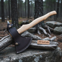 Load image into Gallery viewer, Damascus Camping Axe with 22 Inch Ash Handle – Hand Forged Bushcraft Axe with Leather Sheath | JW SteelCrafts