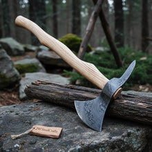 Load image into Gallery viewer, Damascus Camping Axe with 22 Inch Ash Handle – Hand Forged Bushcraft Axe with Leather Sheath | JW SteelCrafts