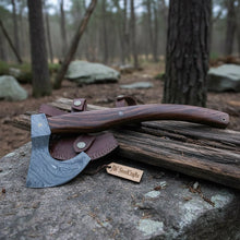 Load image into Gallery viewer, Damascus Camping Axe with Curved Rosewood Handle – Hand Forged Bushcraft Axe with Leather Sheath | JW SteelCrafts