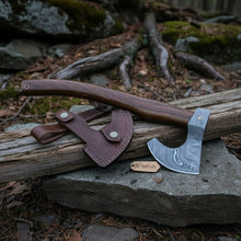 Load image into Gallery viewer, Damascus Camping Axe with Curved Rosewood Handle – Hand Forged Bushcraft Axe with Leather Sheath | JW SteelCrafts