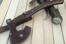 Load image into Gallery viewer, Damascus Camping Axe with Curved Rosewood Handle – Hand Forged Bushcraft Axe with Leather Sheath | JW SteelCrafts