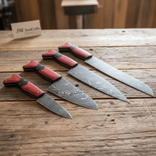 Load image into Gallery viewer, 5-Piece Damascus Carving Knife Set Red Pakka Black Resin with Wood Grain Damascus Blades