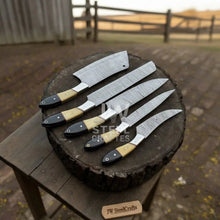 Load image into Gallery viewer, Damascus Chef Knife Set – 5-Piece Camel Bone &amp; Black Micarta Handle Collection