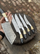 Load image into Gallery viewer, Damascus Chef Knife Set – 5-Piece Camel Bone &amp; Black Micarta Handle Collection