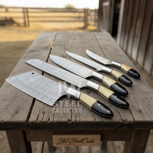 Load image into Gallery viewer, Damascus Chef Knife Set – 5-Piece Camel Bone &amp; Black Micarta Handle Collection