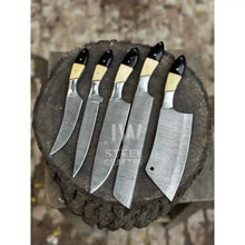 Load image into Gallery viewer, Damascus Chef Knife Set – 5-Piece Camel Bone &amp; Black Micarta Handle Collection