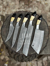 Load image into Gallery viewer, Damascus Chef Knife Set – 5-Piece Camel Bone &amp; Black Micarta Handle Collection