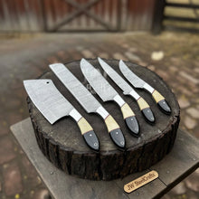 Load image into Gallery viewer, Damascus Chef Knife Set – 5-Piece Camel Bone &amp; Black Micarta Handle Collection