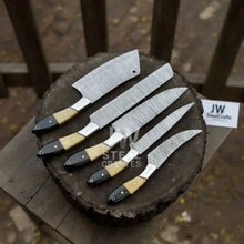 Load image into Gallery viewer, 5-Piece Damascus Chef Knife Set – Camel Bone and Black Micarta Handles