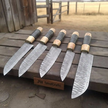 Load image into Gallery viewer, 5 Piece Damascus Chef Knife Set | Handmade Kitchen Knives Olive Wood &amp; Resin Handles