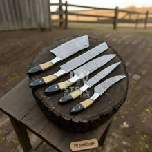 Load image into Gallery viewer, 5-Piece Damascus Chef Knife Set – Camel Bone and Black Micarta Handles