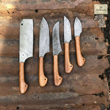 Load image into Gallery viewer, Custom Hand-Forged Damascus 5-Piece Kitchen Knife Set with Olive Wood Handles