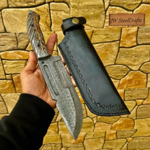 Load image into Gallery viewer, Damascus Hunting Knife with Grey Pinecone Handle | Full Tang + Black Leather Sheath