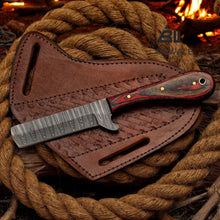 Load image into Gallery viewer, Damascus Cowboy Bull Cutter Knife | Red Pakka Wood | Pancake Sheath