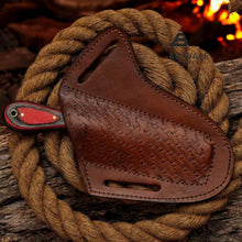 Load image into Gallery viewer, Damascus Cowboy Bull Cutter Knife | Red Pakka Wood | Pancake Sheath