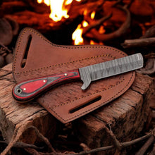 Load image into Gallery viewer, Damascus Cowboy Bull Cutter Knife | Red Pakka Wood | Pancake Sheath
