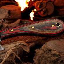 Load image into Gallery viewer, Damascus Cowboy Bull Cutter Knife | Red Pakka Wood | Pancake Sheath