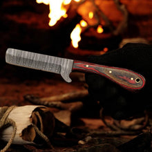 Load image into Gallery viewer, Damascus Cowboy Bull Cutter Knife | Red Pakka Wood | Pancake Sheath