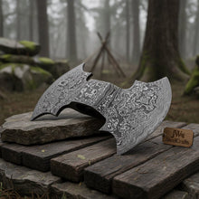 Load image into Gallery viewer, Damascus Double-Bit Axe Head – Fantasy Crescent Pattern