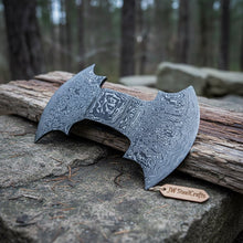 Load image into Gallery viewer, Damascus Double-Bit Axe Head – Fantasy Crescent Pattern